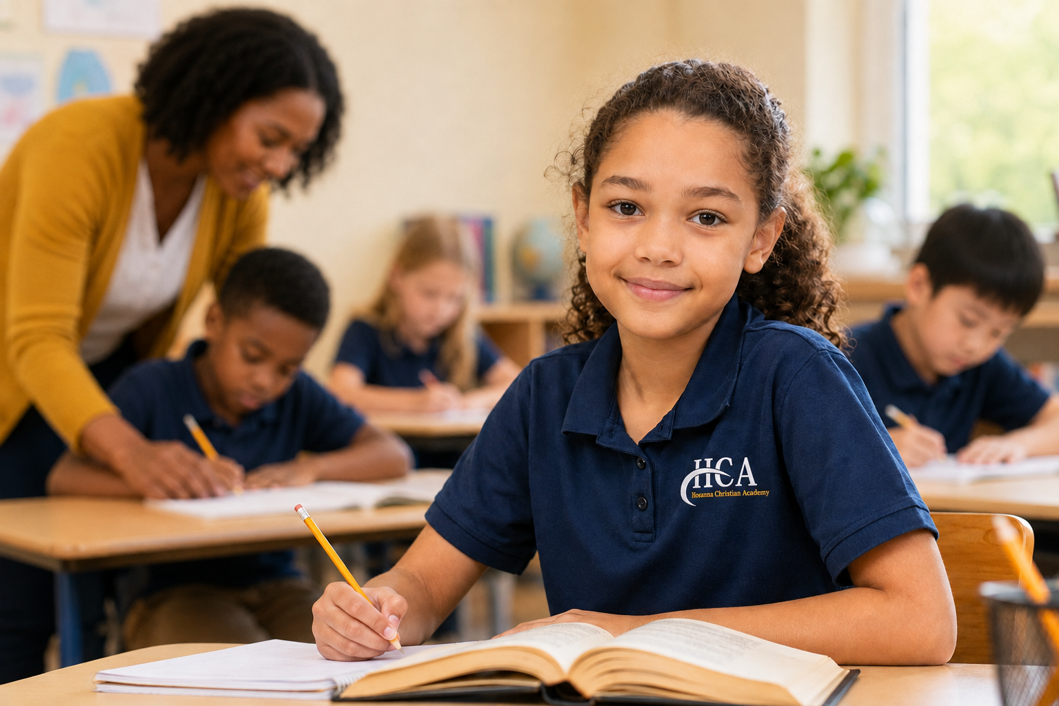 Biracial elementary student in a navy blue HCA uniform learning in class