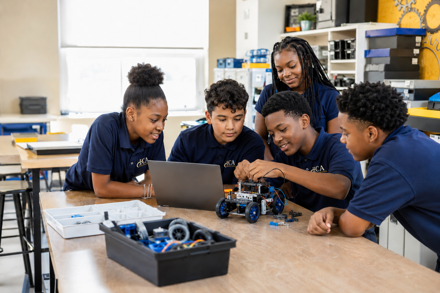 HCA middle school students collaborating in robotics class